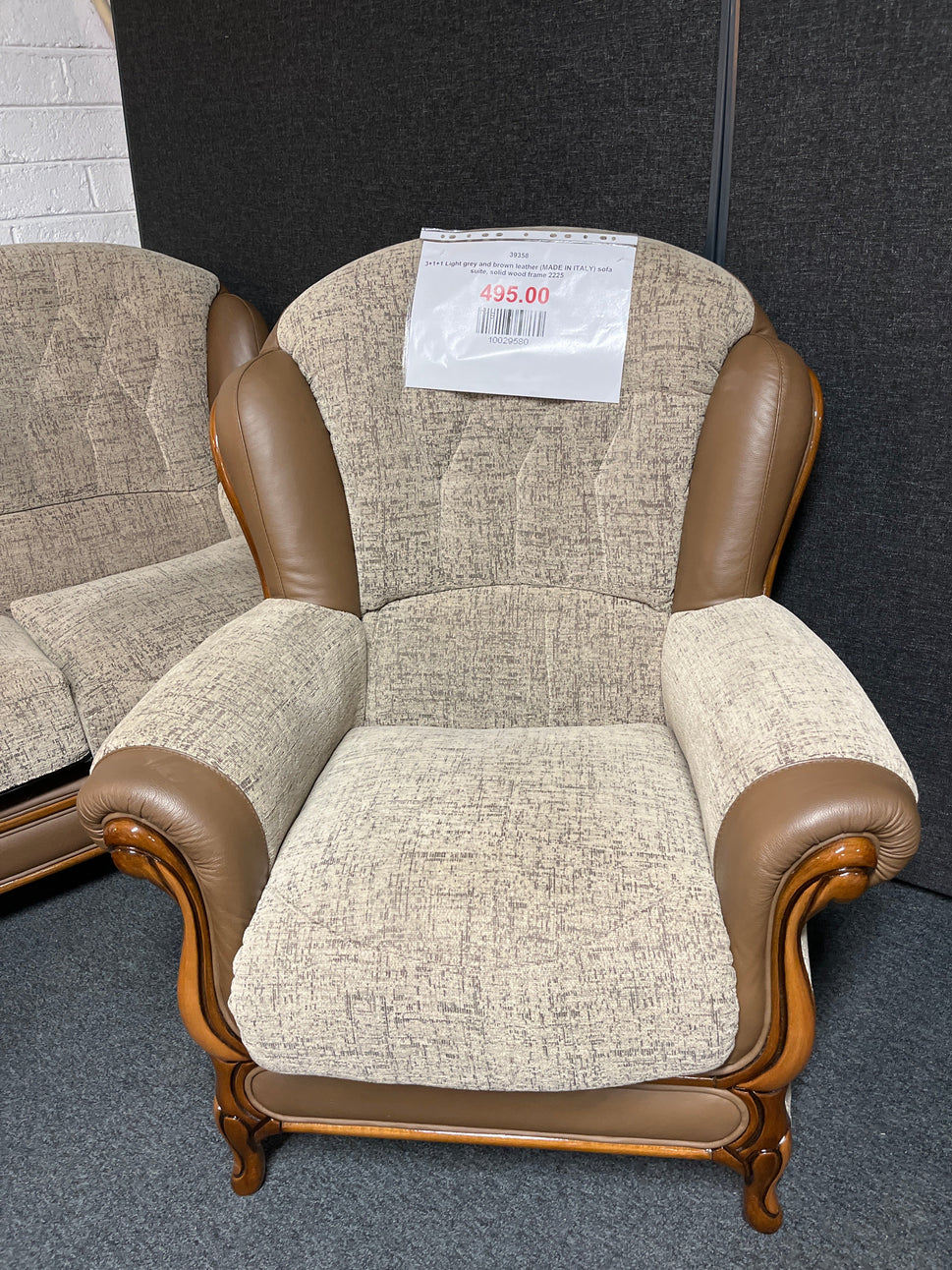3+1+1 Light grey and brown leather (MADE IN ITALY) sofa suite, solid wood frame 2225