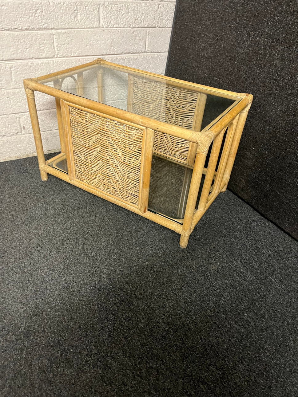 Large rectangular clear glass, wood frame coffee table  1225