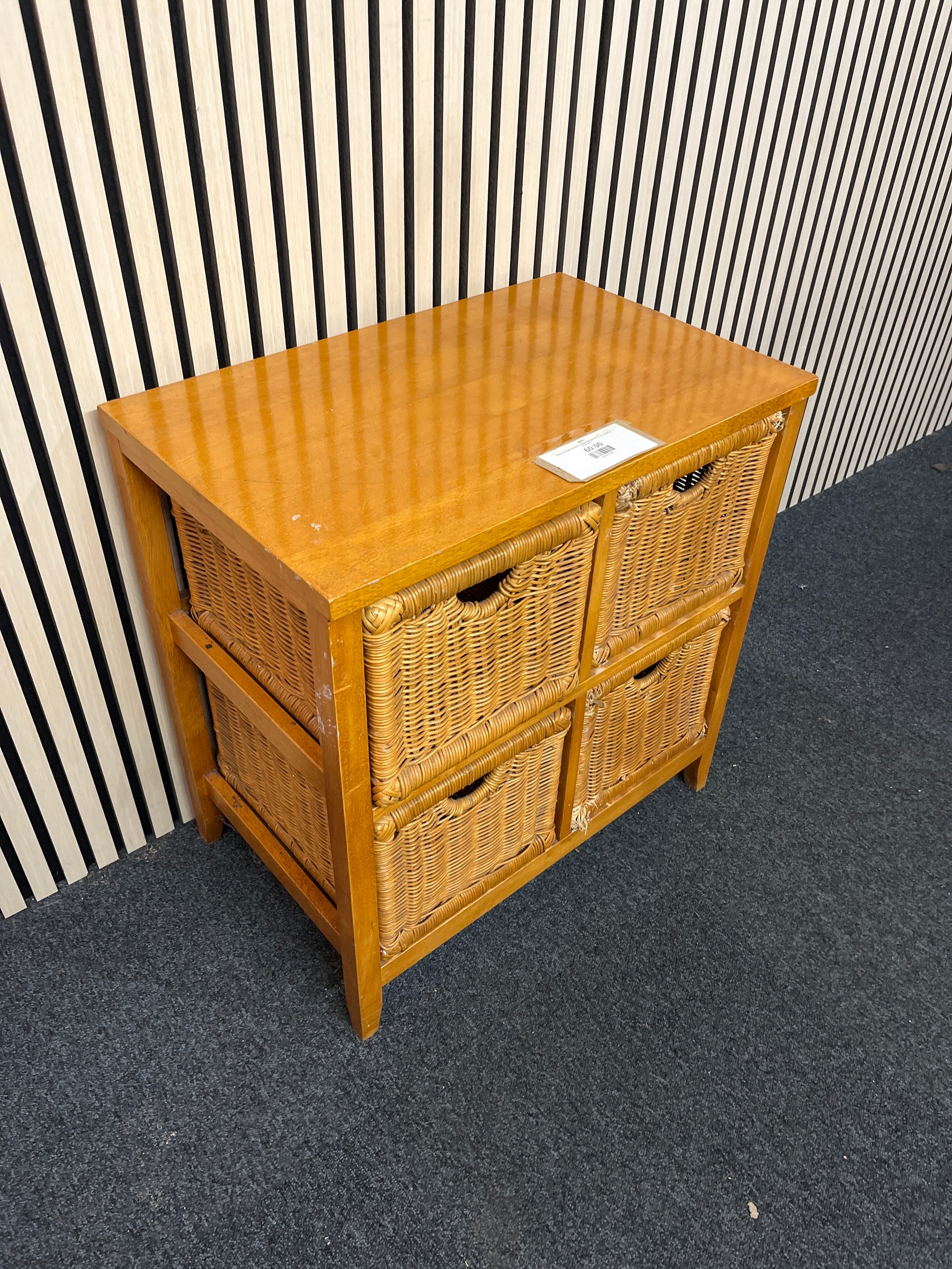 Beech framed 4 section rattan storage unit (H 64 x W 61 x D 39  cm)