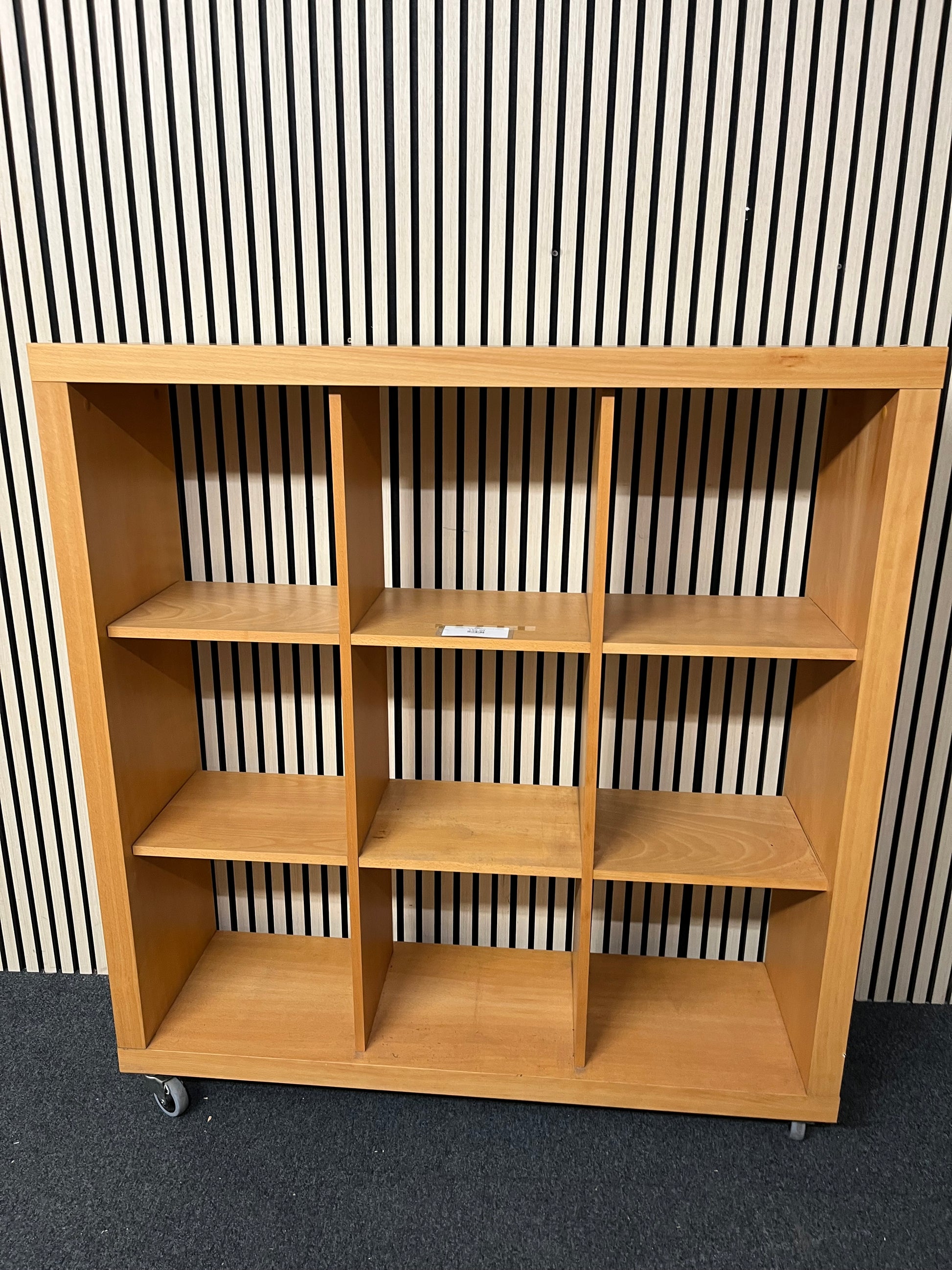 Beech veneer 9 section storage unit on castors (H 135 x W 125 x D 36 cm) 3325