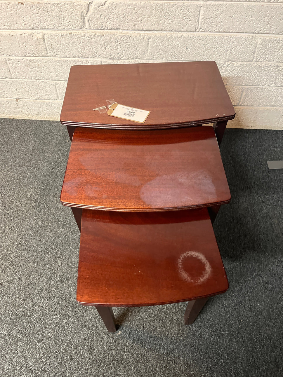 Mahogany nest of 3 tables, heat stained on tops 520Wx350Dx480H 2225