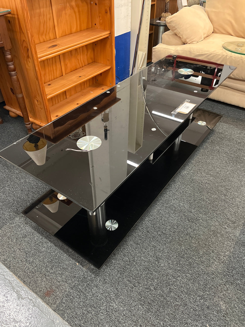 Black glass large tiered TV unit (H 48 x W 150 x D 50 cm) 2225