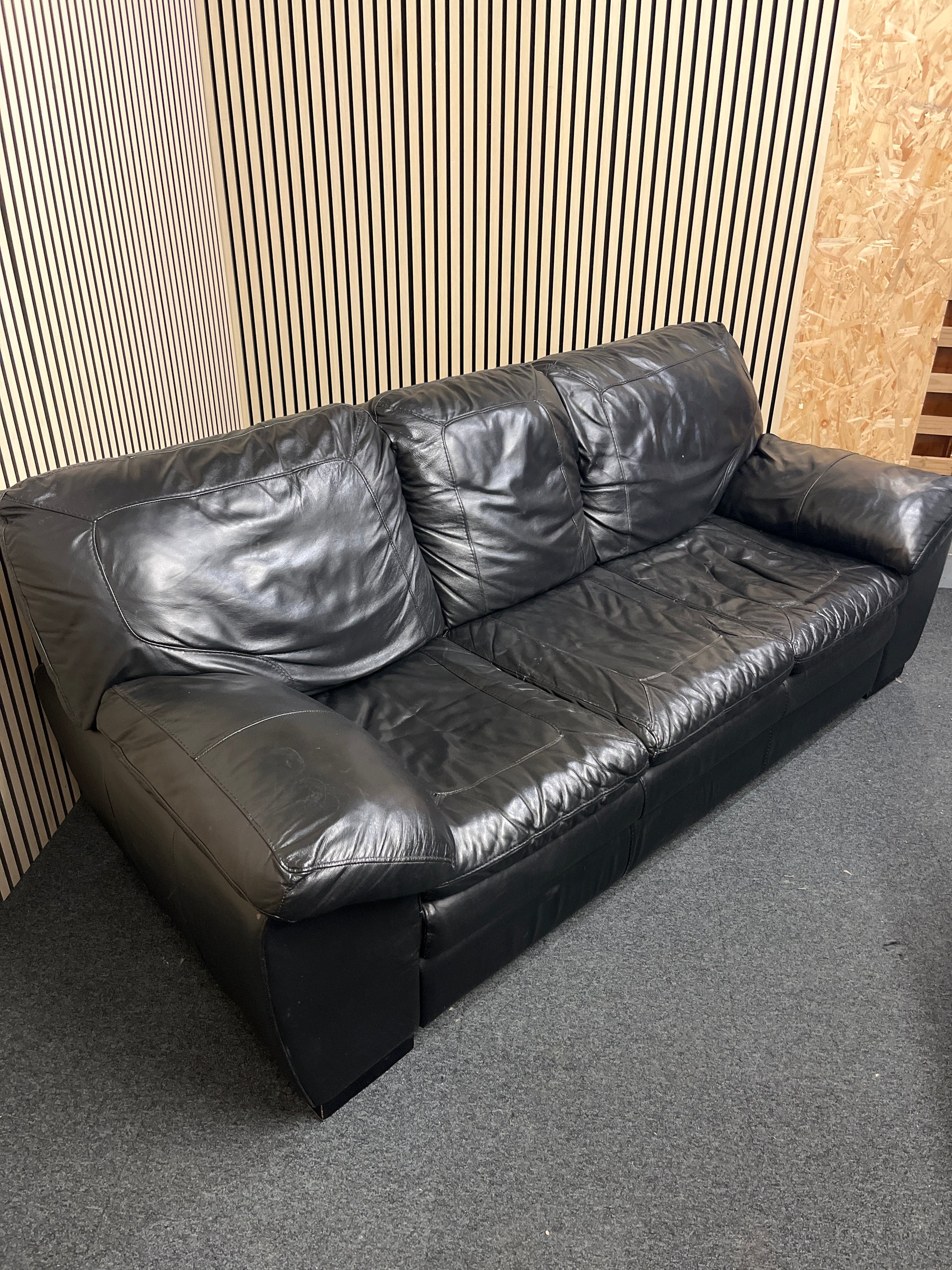 3 seater real black leather sofa