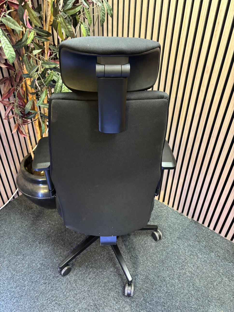 Hatha high back posture task chair with black fabric seat and back, headrest & adjustable arms