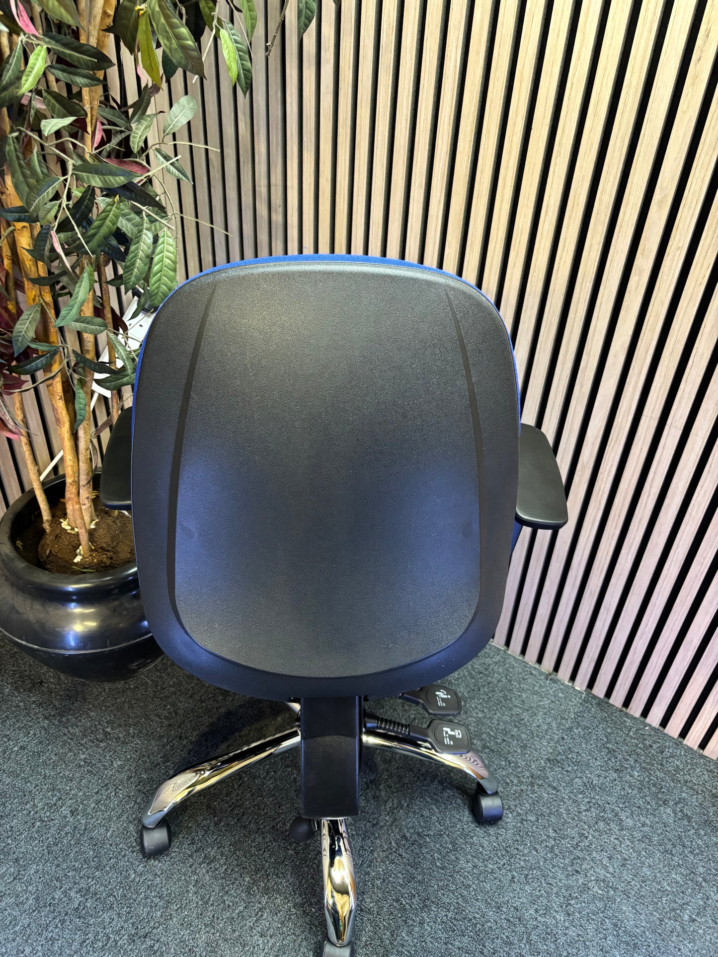 Jota high back ergonomic swivel chair with height adjustable arms and polished chome base in BLUE fabric. Price inc VAT