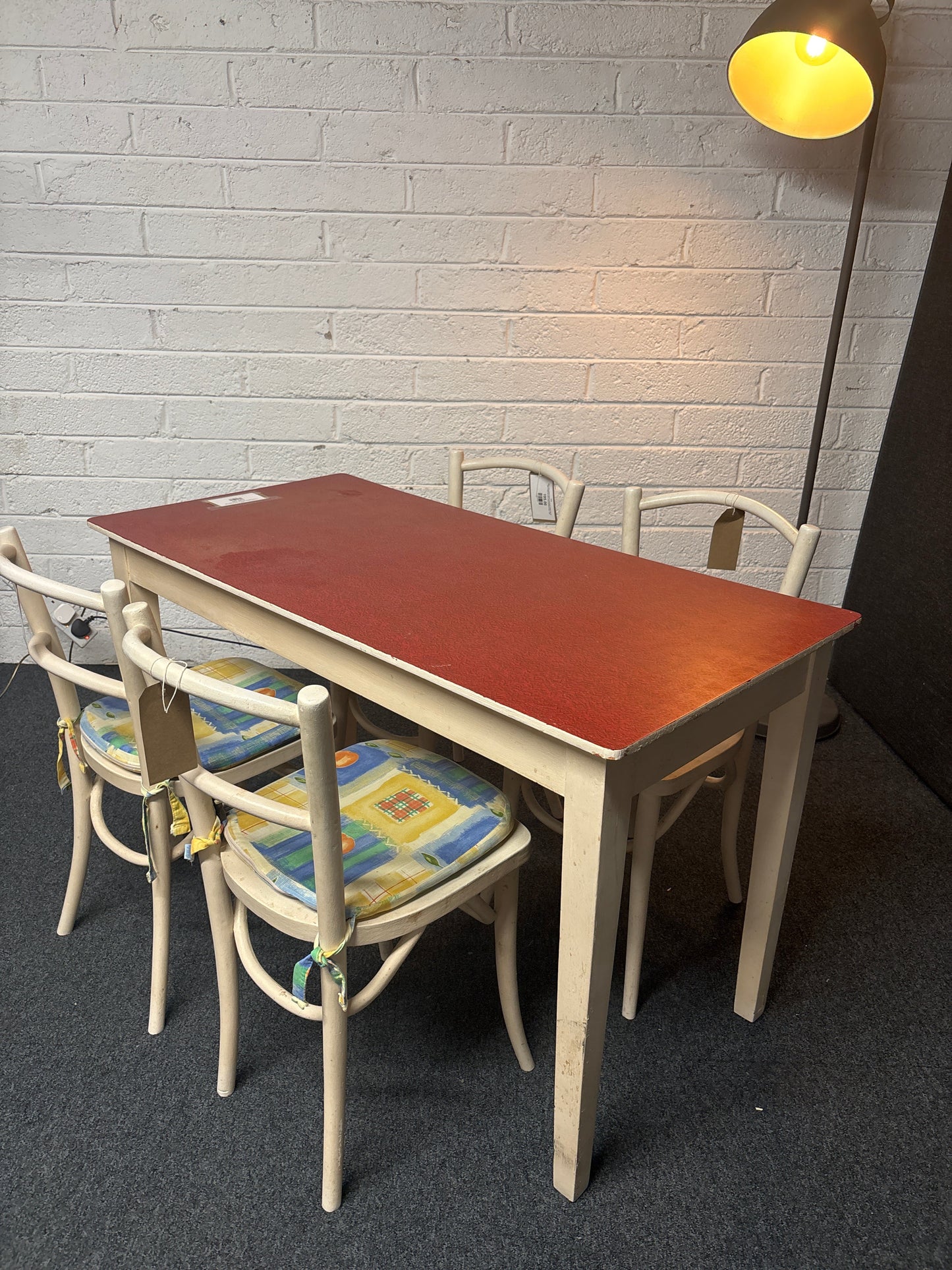 Retro white painted vinyl top rectangular table(H 740 x W 1200 x D 600 mm) with 4 white bentwood chairs  1225
