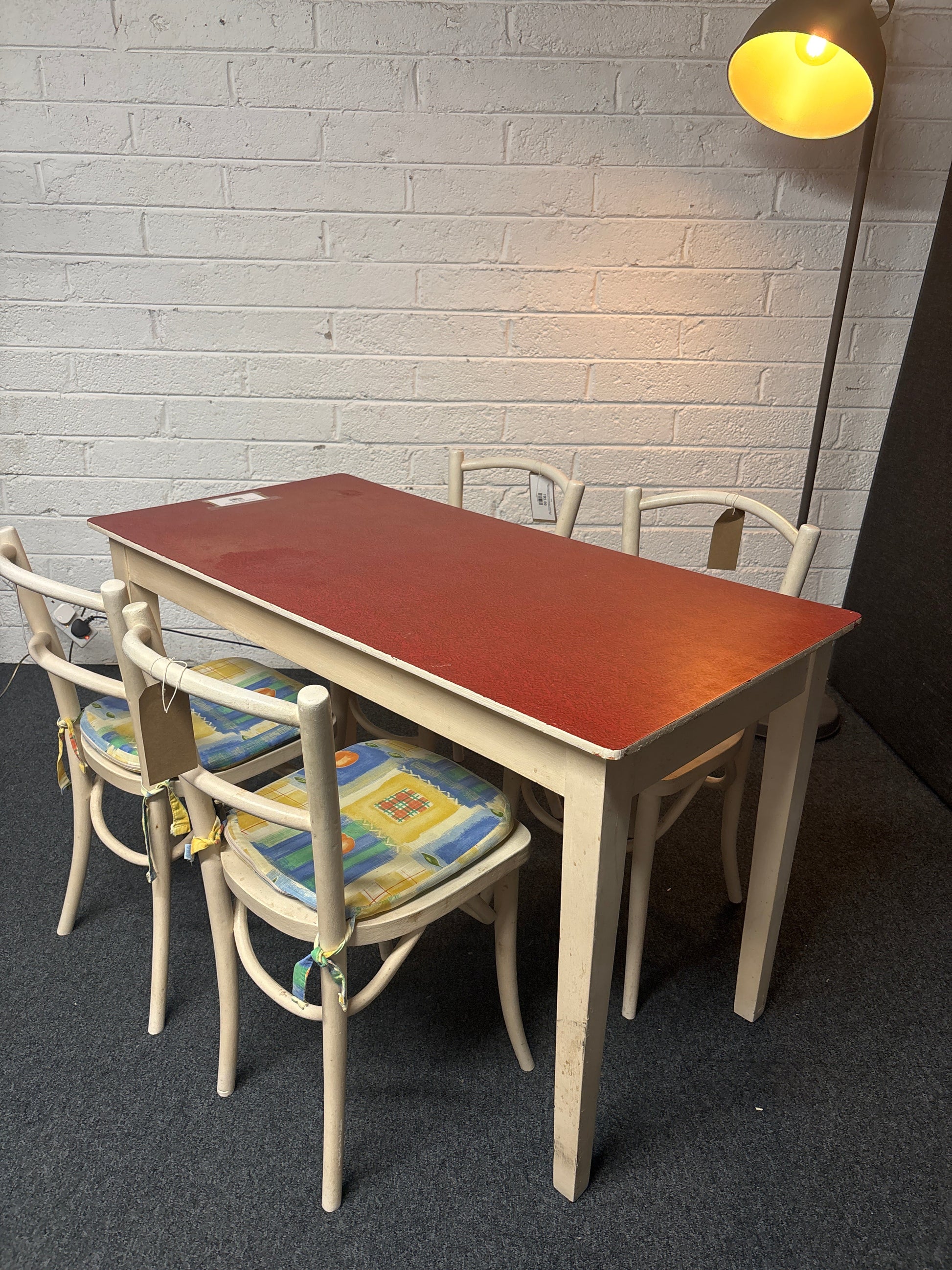 Retro white painted vinyl top rectangular table(H 740 x W 1200 x D 600 mm) with 4 white bentwood chairs  1225
