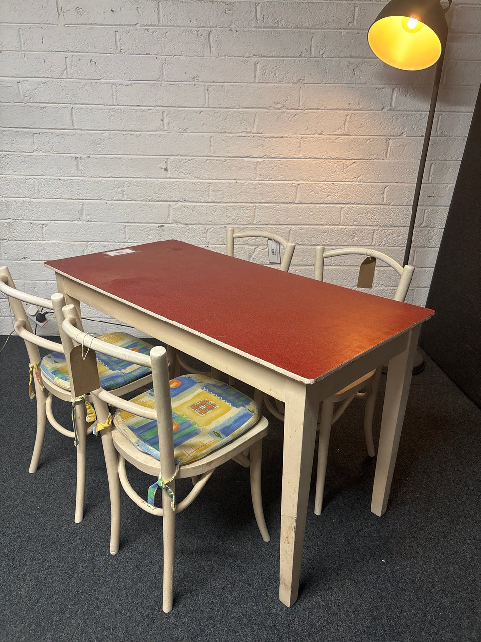 Retro white painted vinyl top rectangular table(H 740 x W 1200 x D 600 mm) with 4 white bentwood chairs  1225