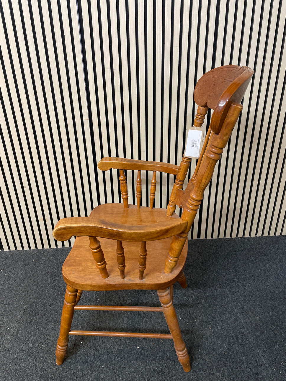 Ornate stained pine spindle back carver dining chair  1126