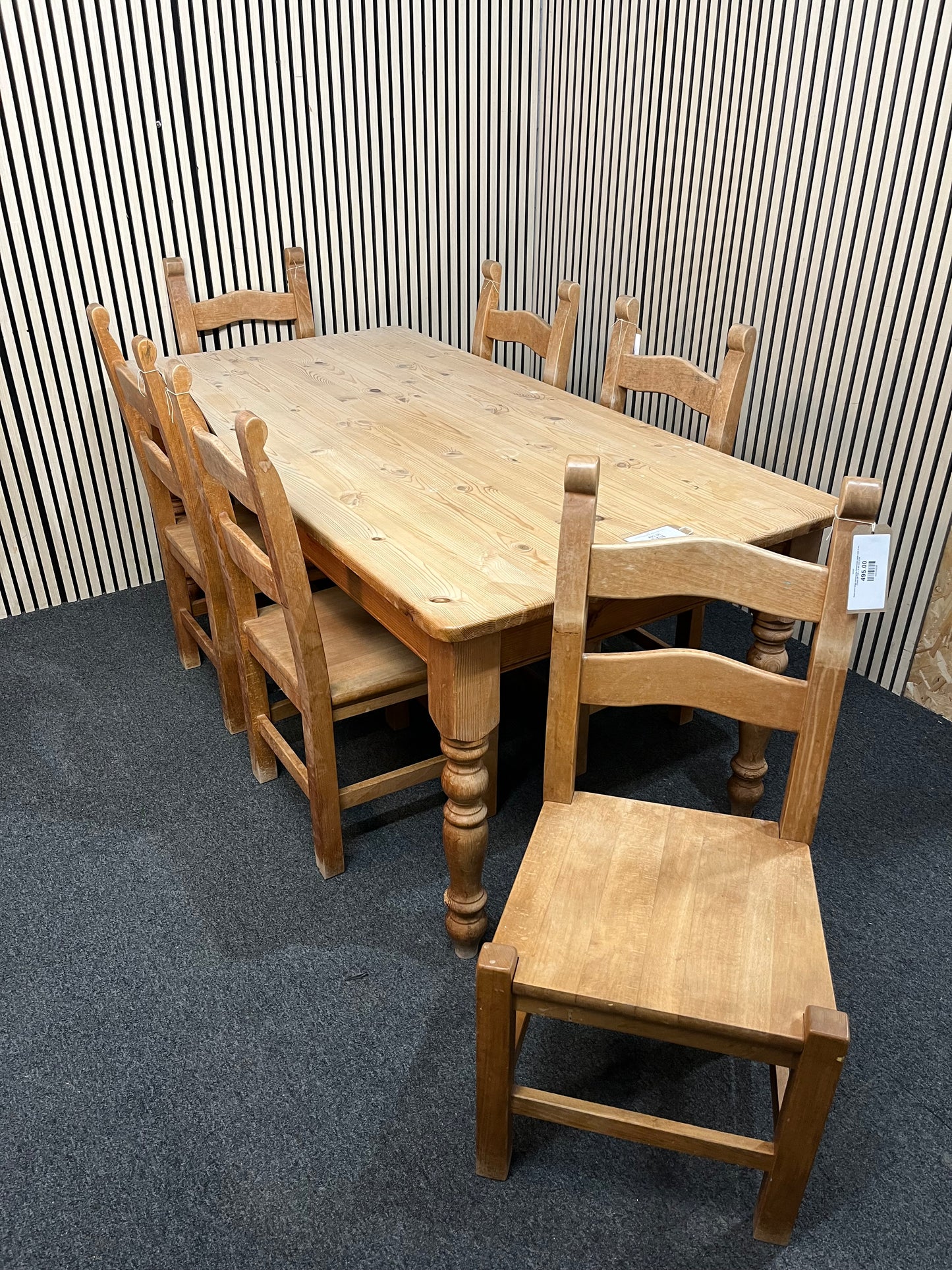 Solid pine large rectangular farmhouse table with 6 no. chairs (W 180 x D 90 cm) 3126