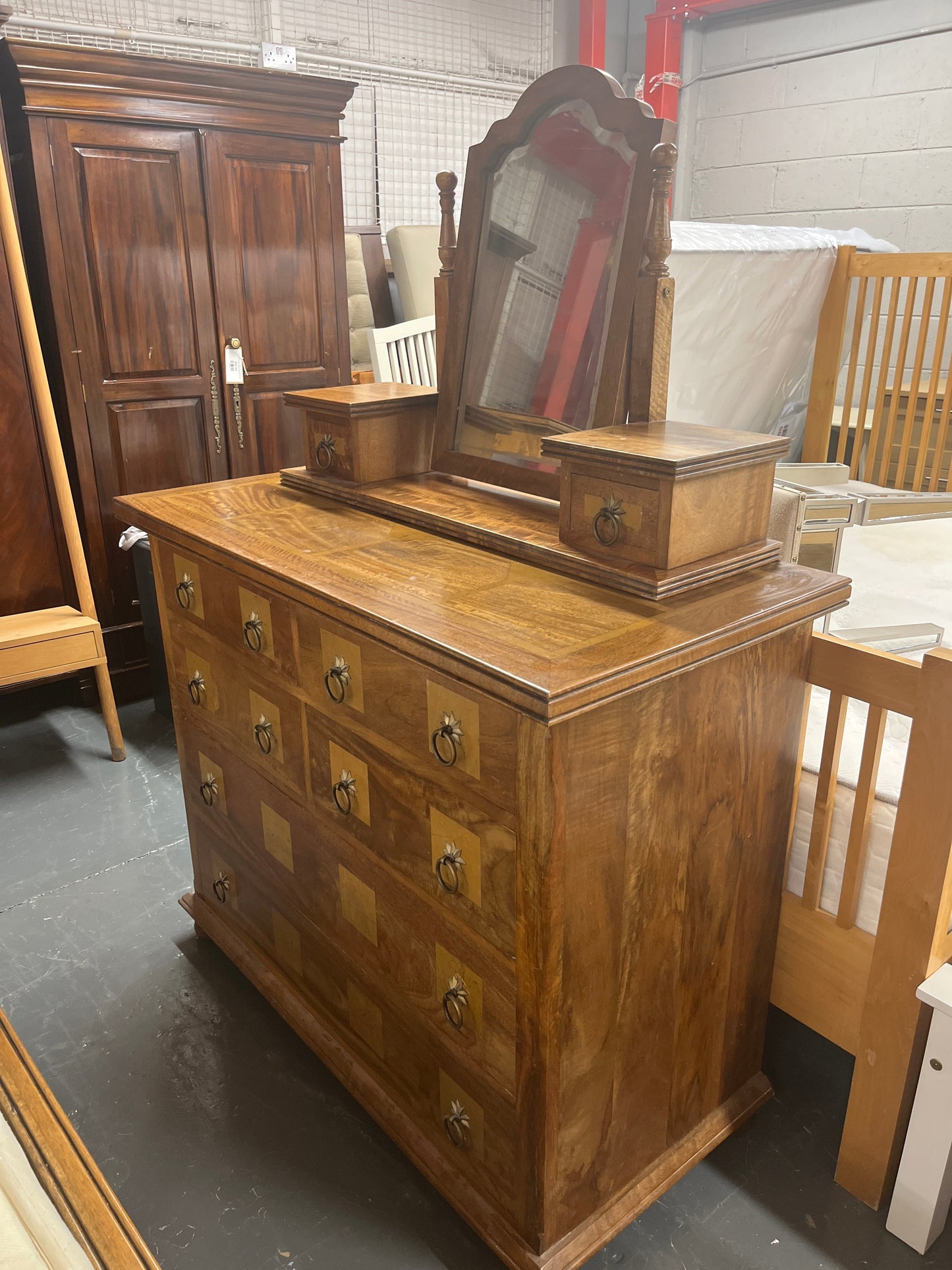 Ornate mahogany inlaid 6 drawer bedroom chest dresser with top mirror and drawers.(H 165 x W 115 x D 55 cm) PART OF A SET BUT CAN BE SOLD SEPARATELY 2225