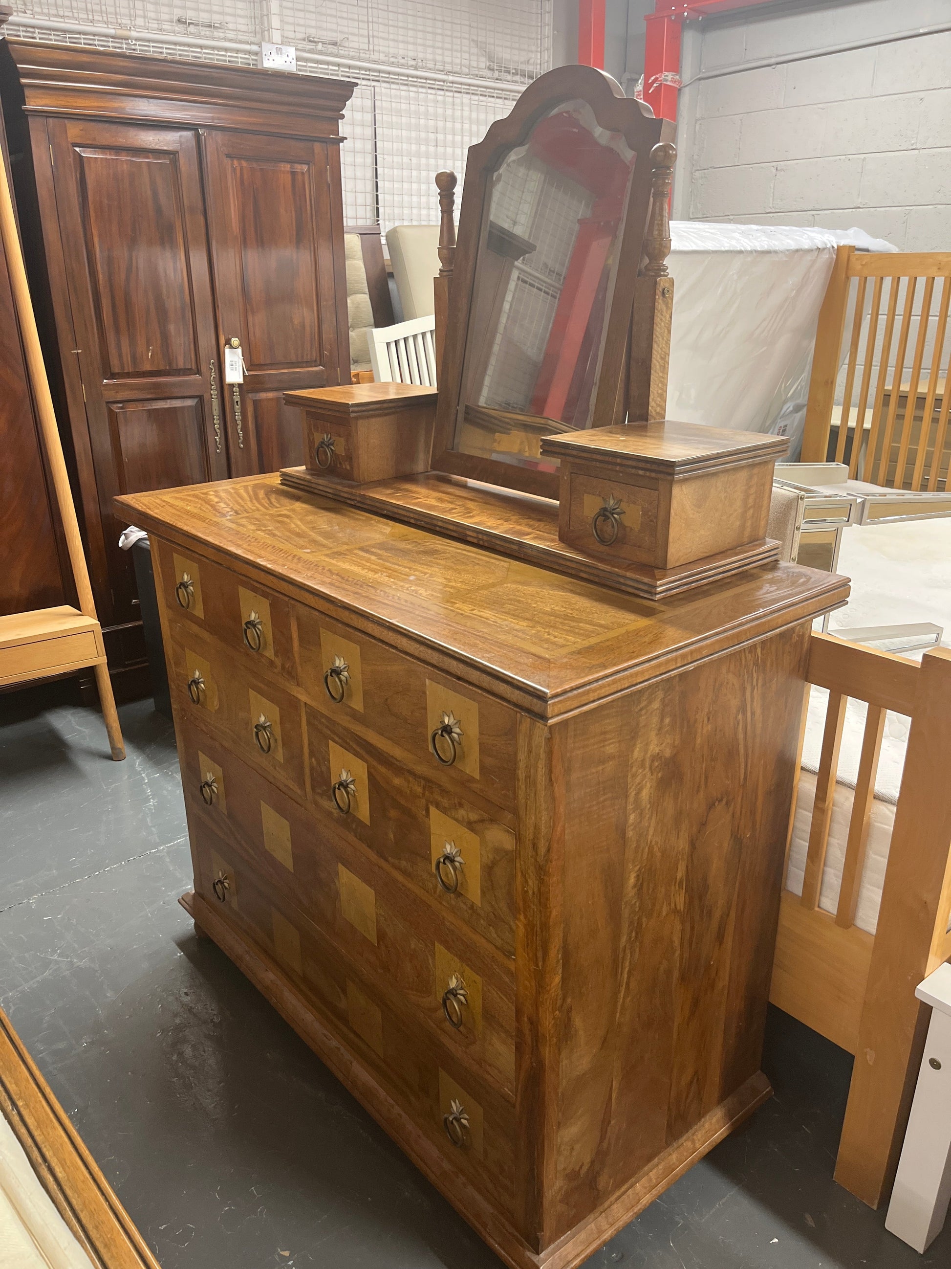 Ornate mahogany inlaid 6 drawer bedroom chest dresser with top mirror and drawers.(H 165 x W 115 x D 55 cm) PART OF A SET BUT CAN BE SOLD SEPARATELY 2225