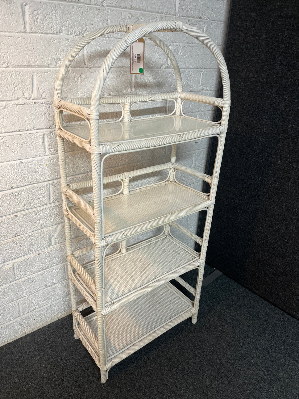 Lloyd Loom style tall white painted cane open bookcase 1450Hx600Wx300D 2225