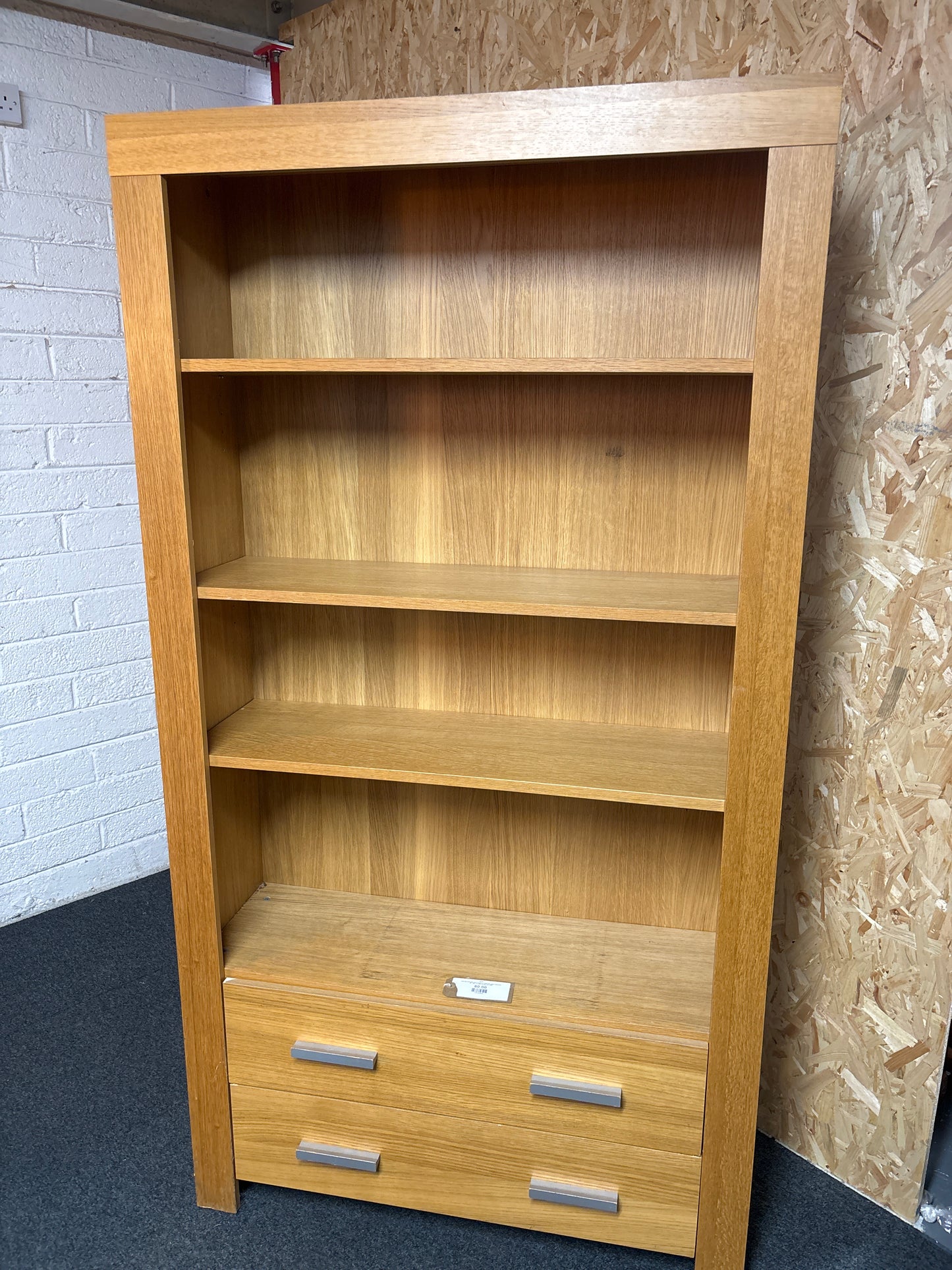 Tall Oak laminate open fronted bookcase with 2 drawers (H  188 x W 100 x D 53 cm) 1325