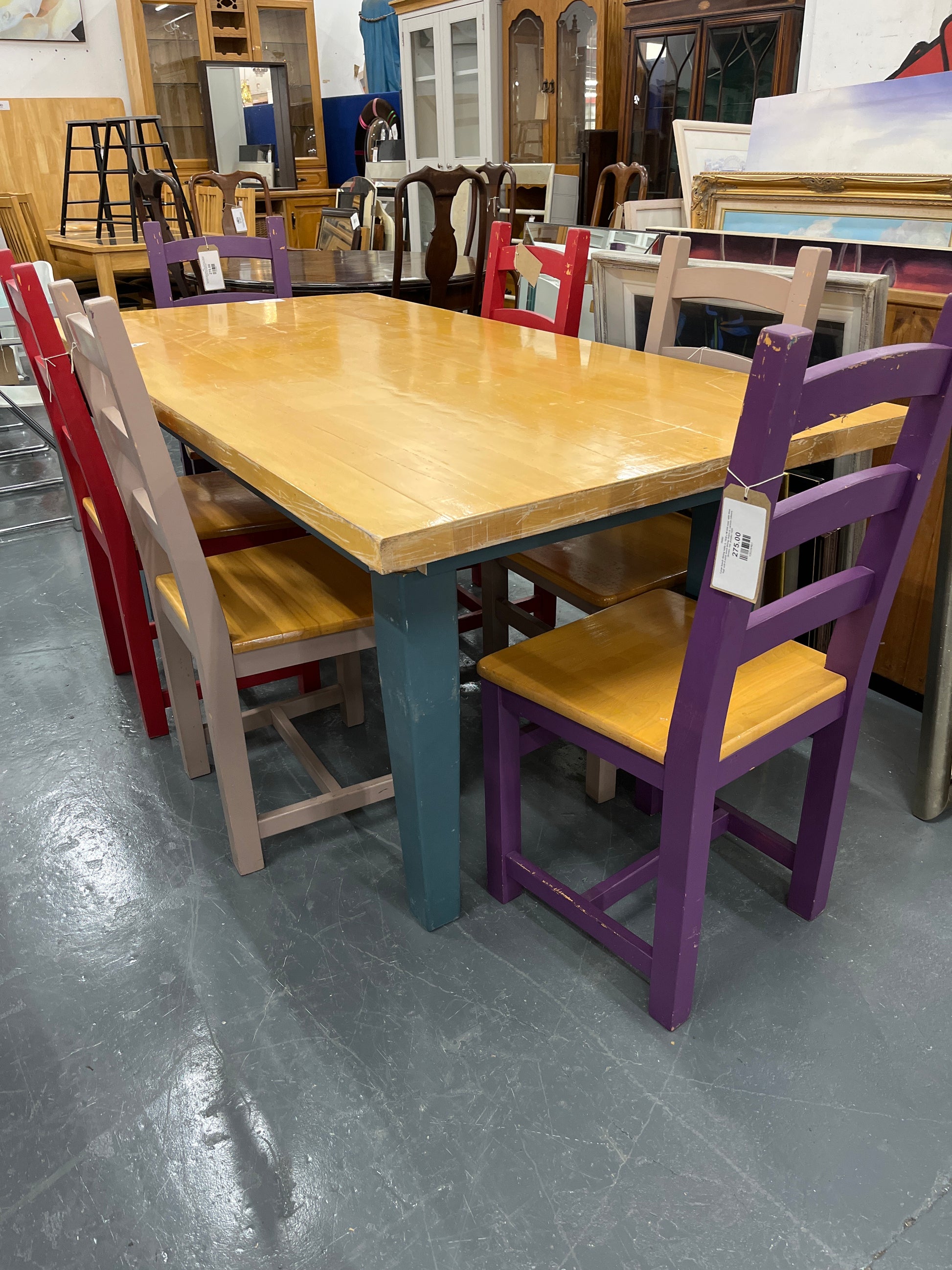 Large beech dining table (L 1830 x W 930 mm)  with blue legs with 6 solid wood dining chairs in various colours (brown, red, purple) 1225