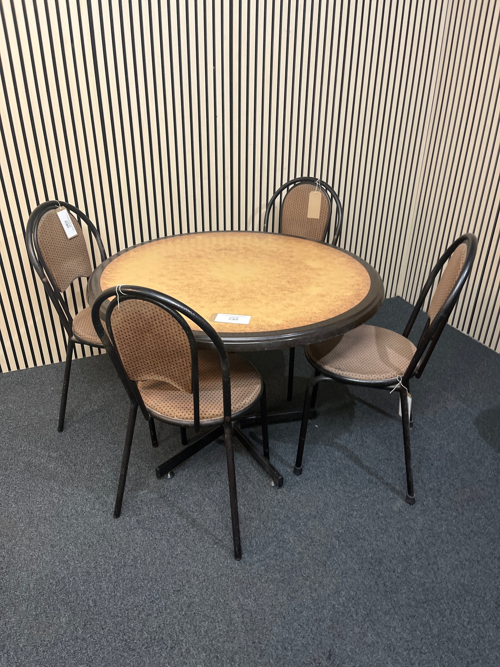Circular black trim kitchen table with 4 no. black tubular metal framed, brown fabric seat chairs 1425
