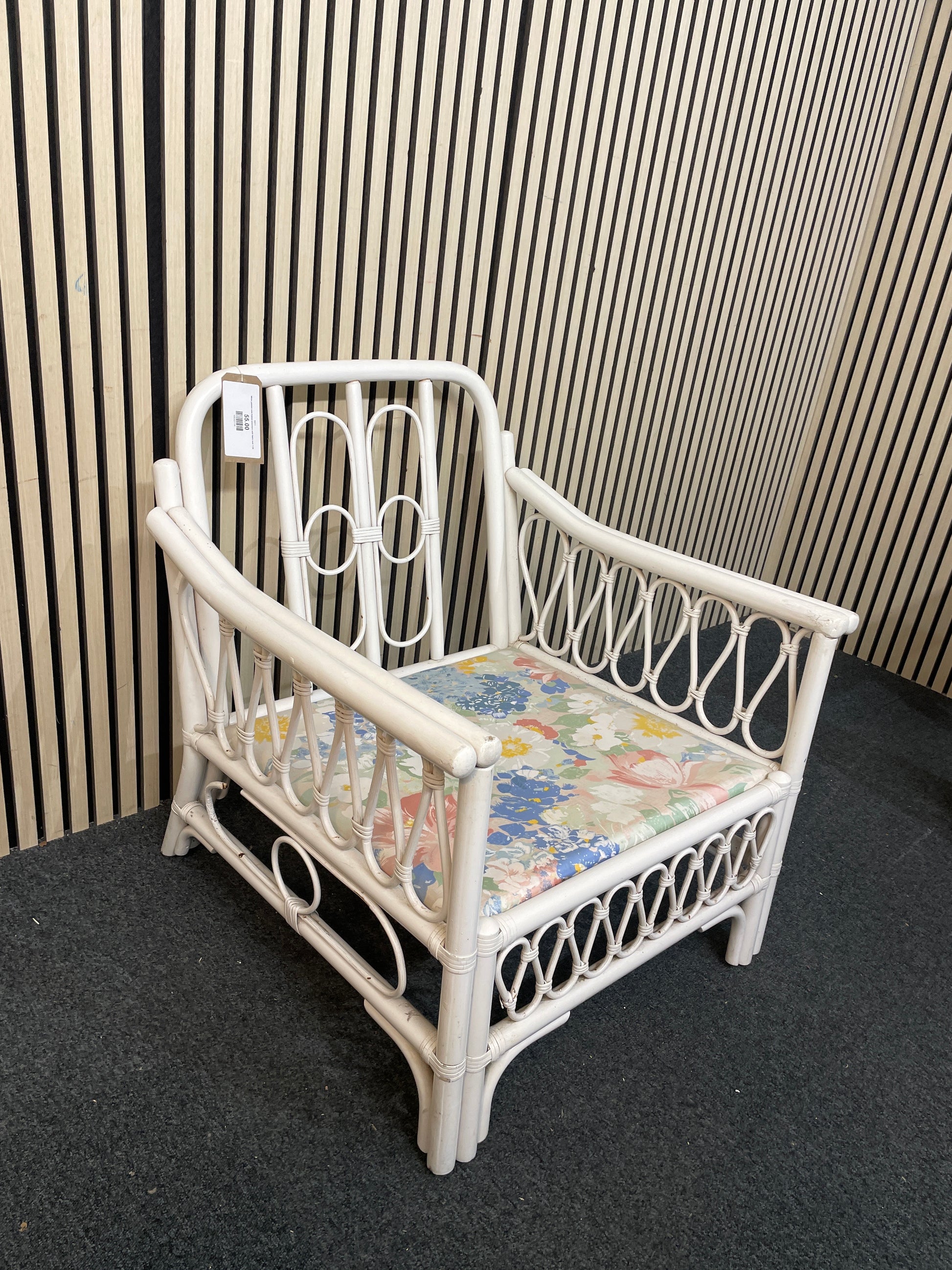 White painted cane framed armchairs with fabric seat 1126