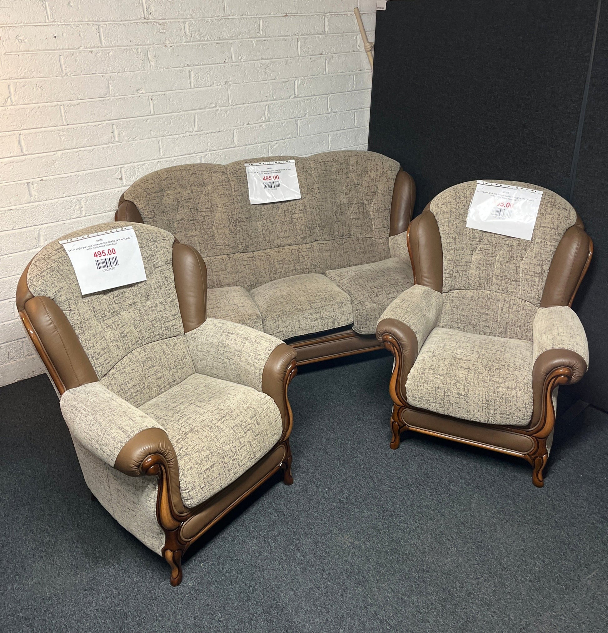 3+1+1 Light grey and brown leather (MADE IN ITALY) sofa suite, solid wood frame 2225
