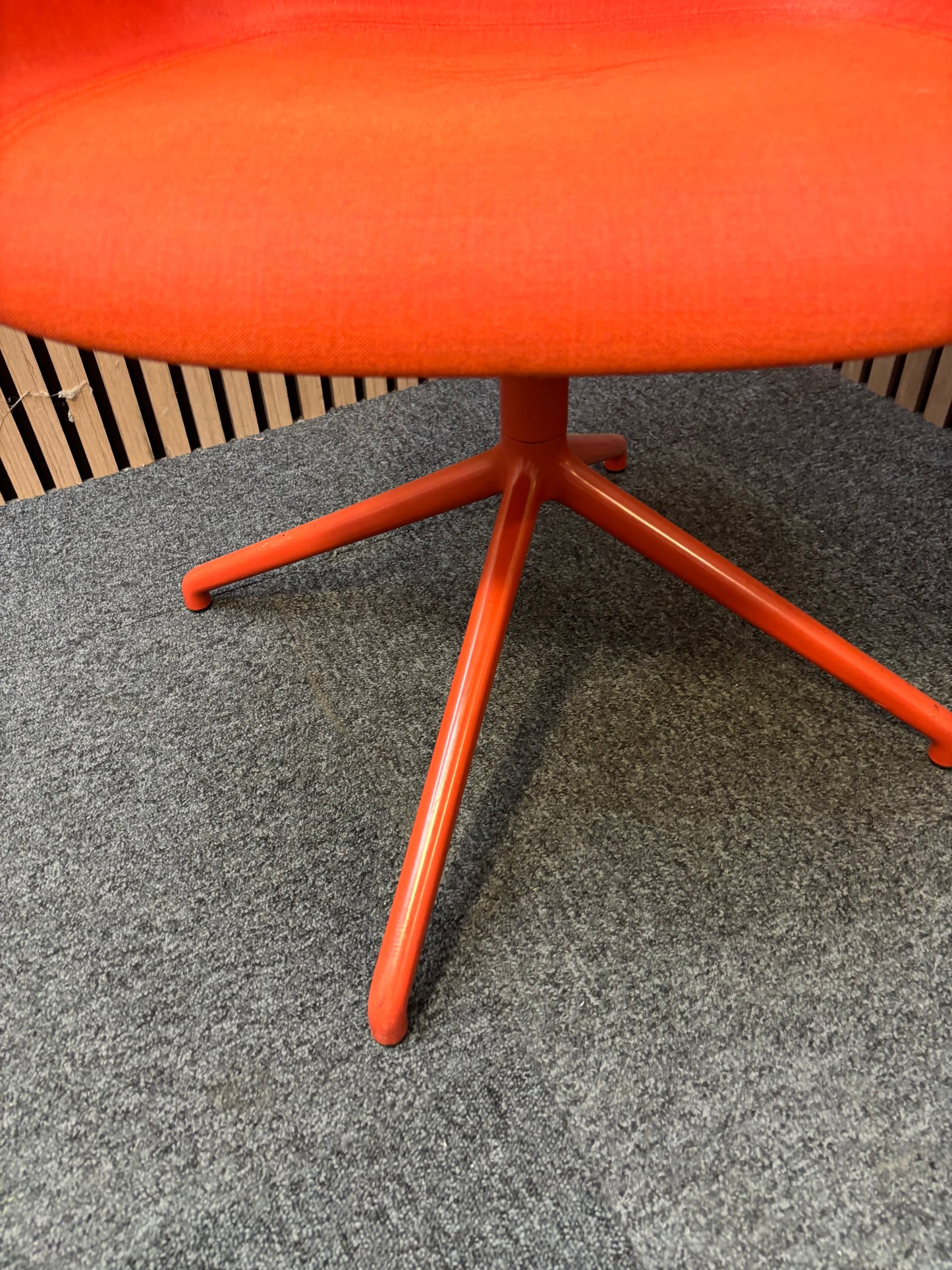 Muuto fibre armchair with a swivel base in manner 2 fabric with red painted metal spider base   J3911