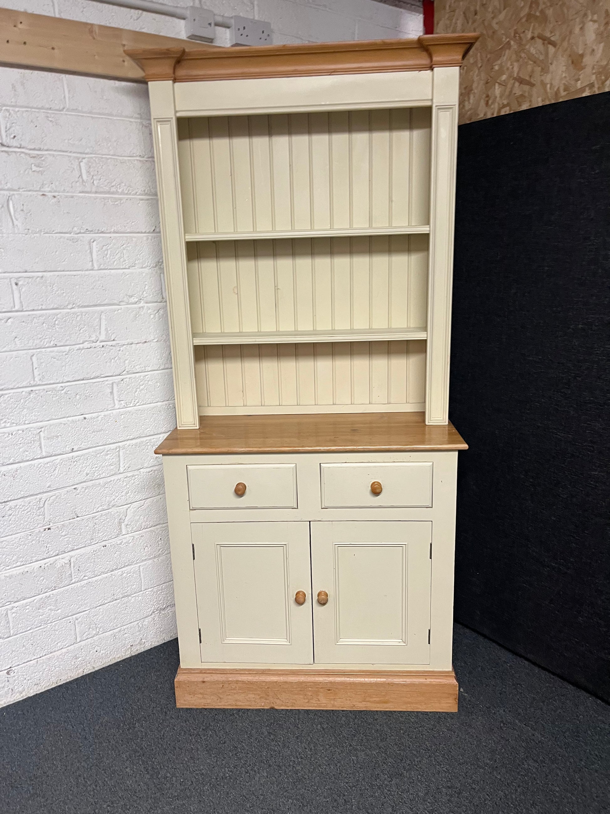 Tall cream painted and solid pine 2 door 2 drawer dresser with top open shelving  (H 200 x W 98 x 43 cm) 2225