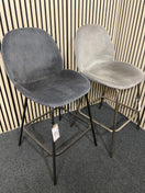 Pair of mix and match high back bar stools in charcoal and grey fabric, blak metal frame with foot plate   44438