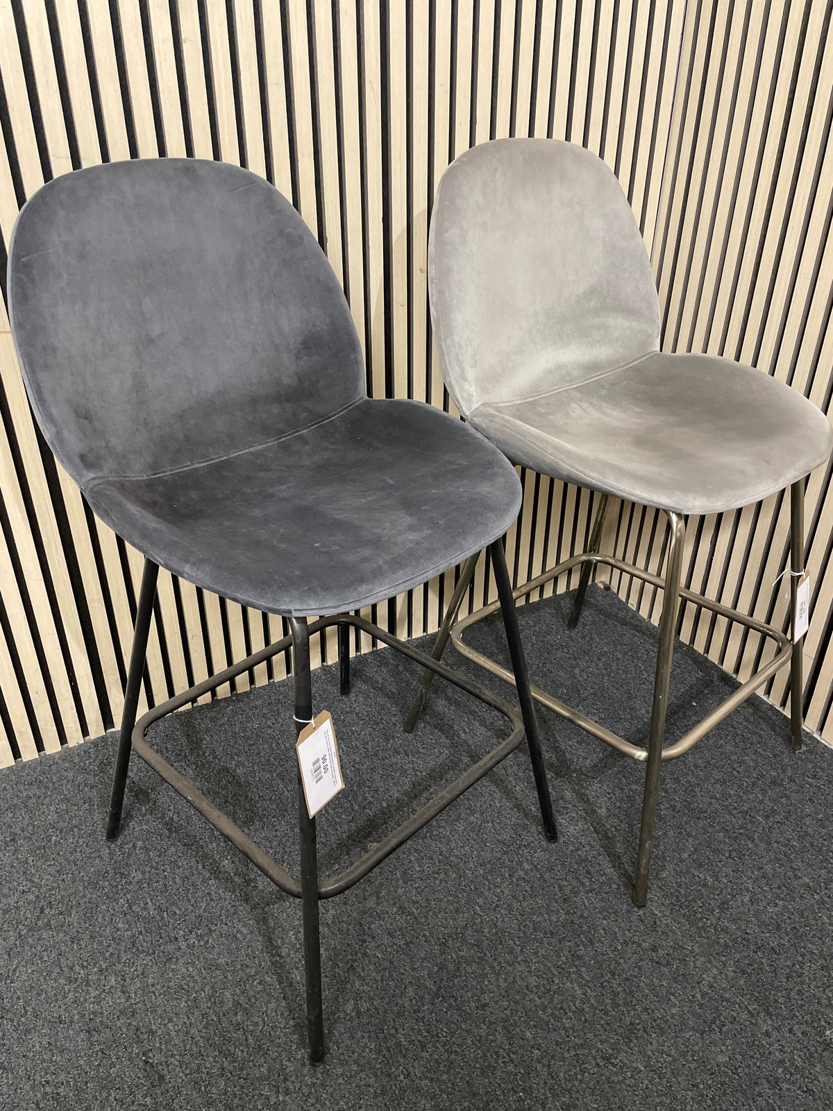 Pair of mix and match high back bar stools in charcoal and grey fabric, blak metal frame with foot plate   44438