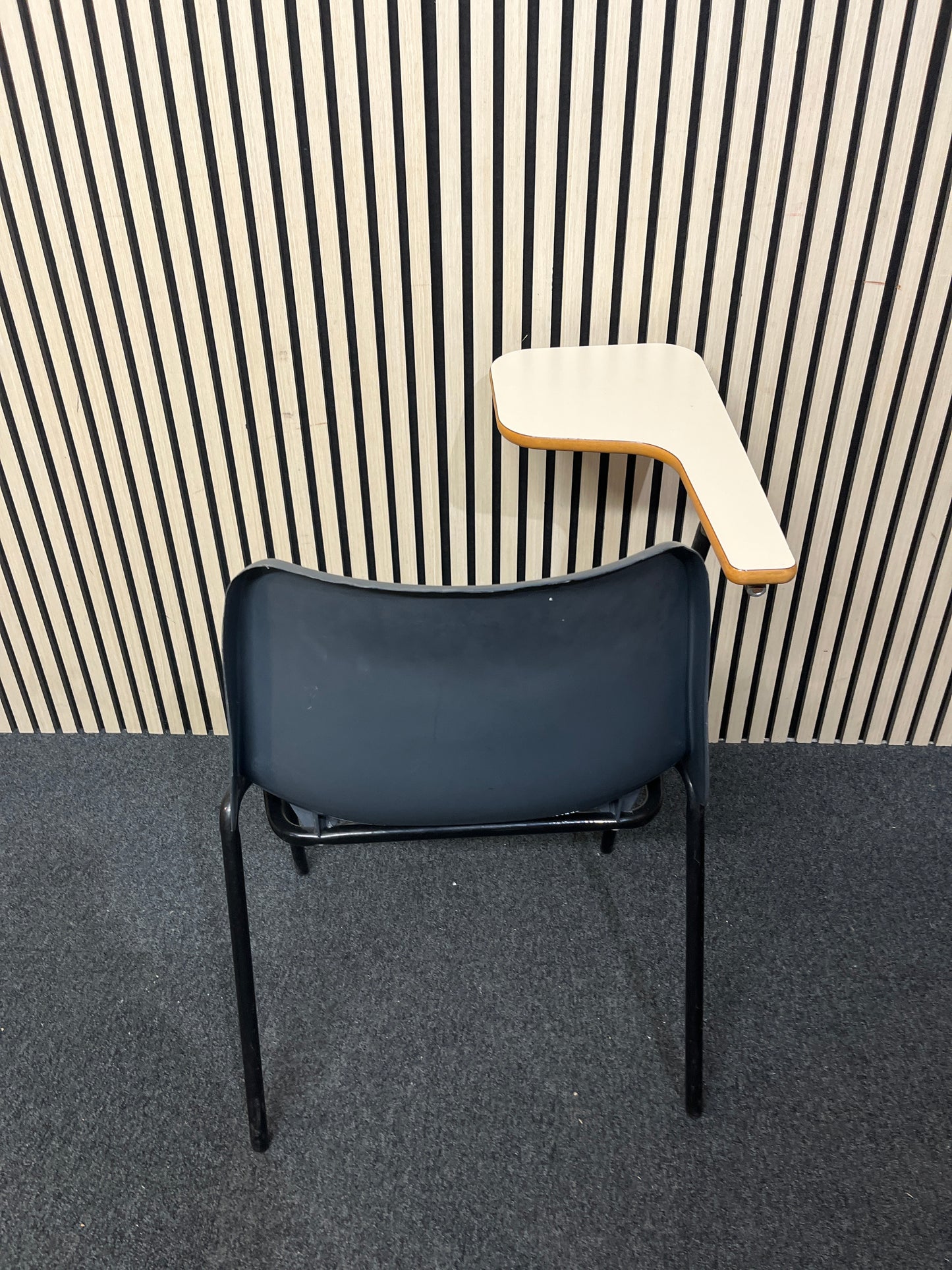Polyprop stacking chair, black metal frame with wooden writing tablet 1425