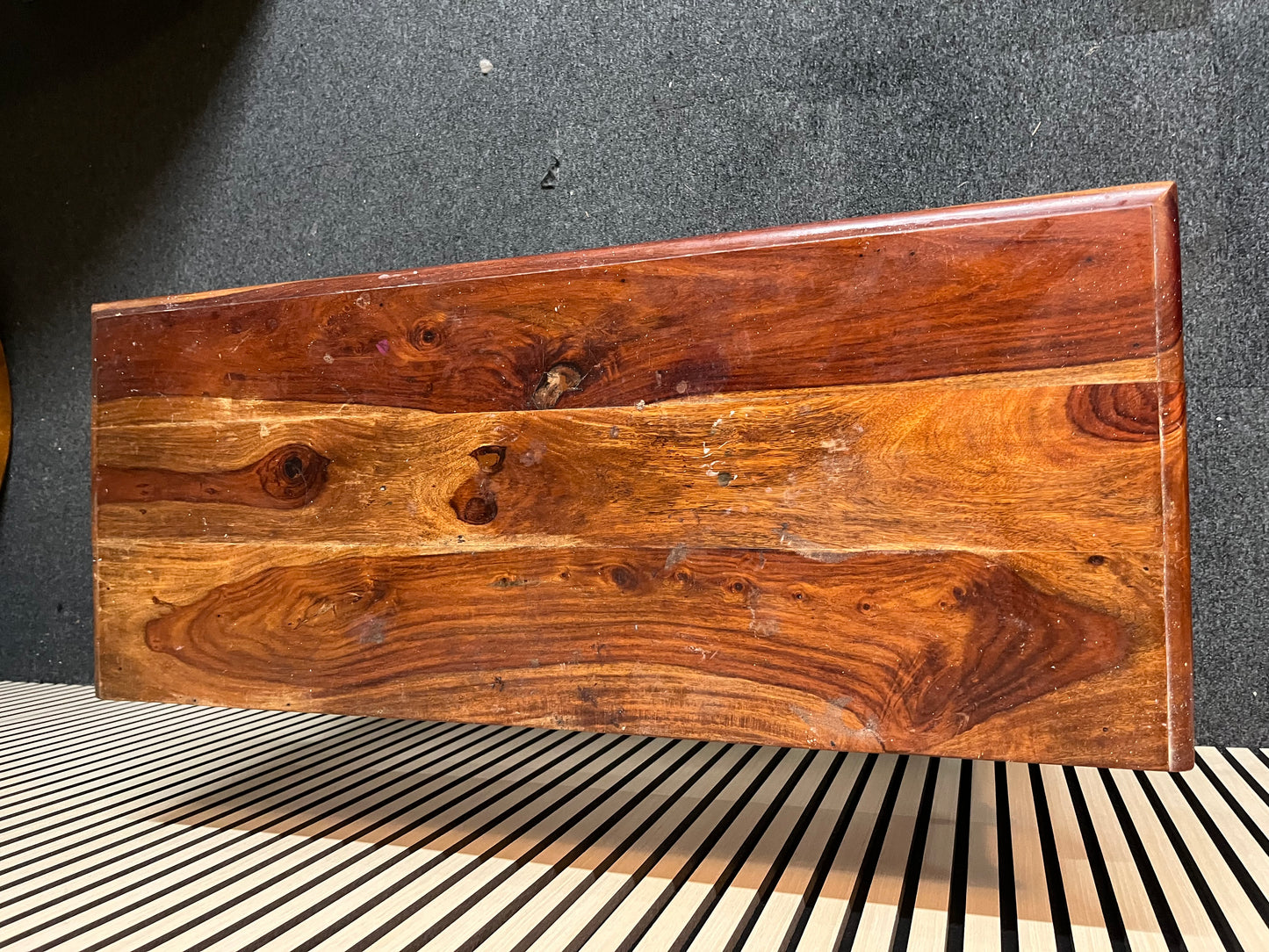 Large solid dark wood stained 3 drawer console table with base shelf 1325p