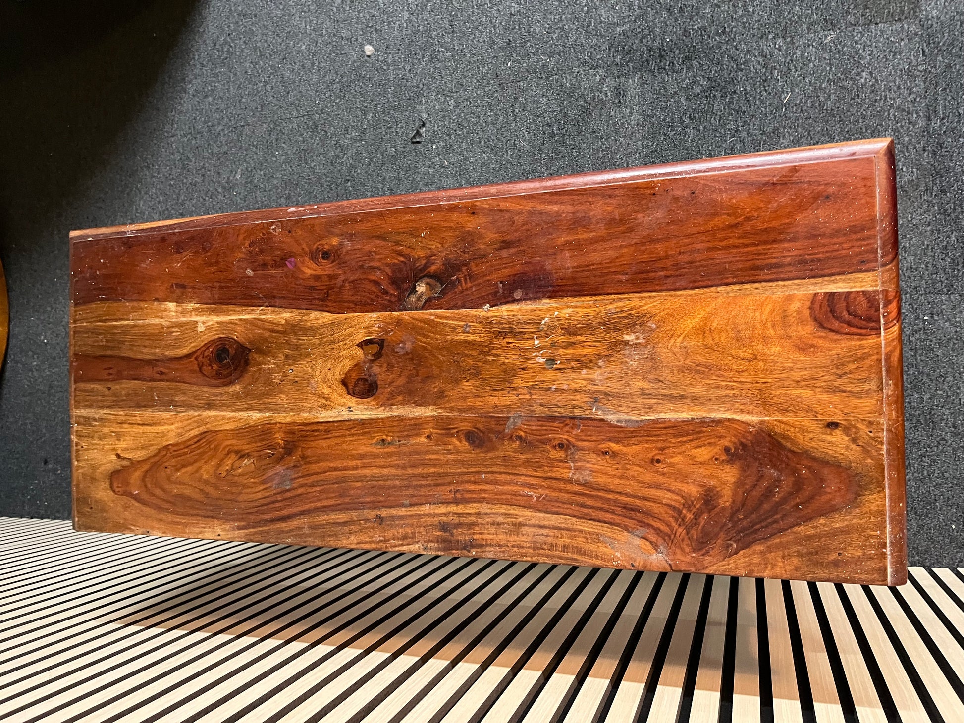 Large solid dark wood stained 3 drawer console table with base shelf 1325p