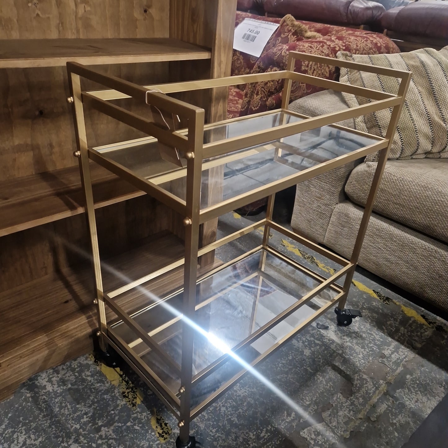Small tiered brass trolley glass shelves on castors  Q3223