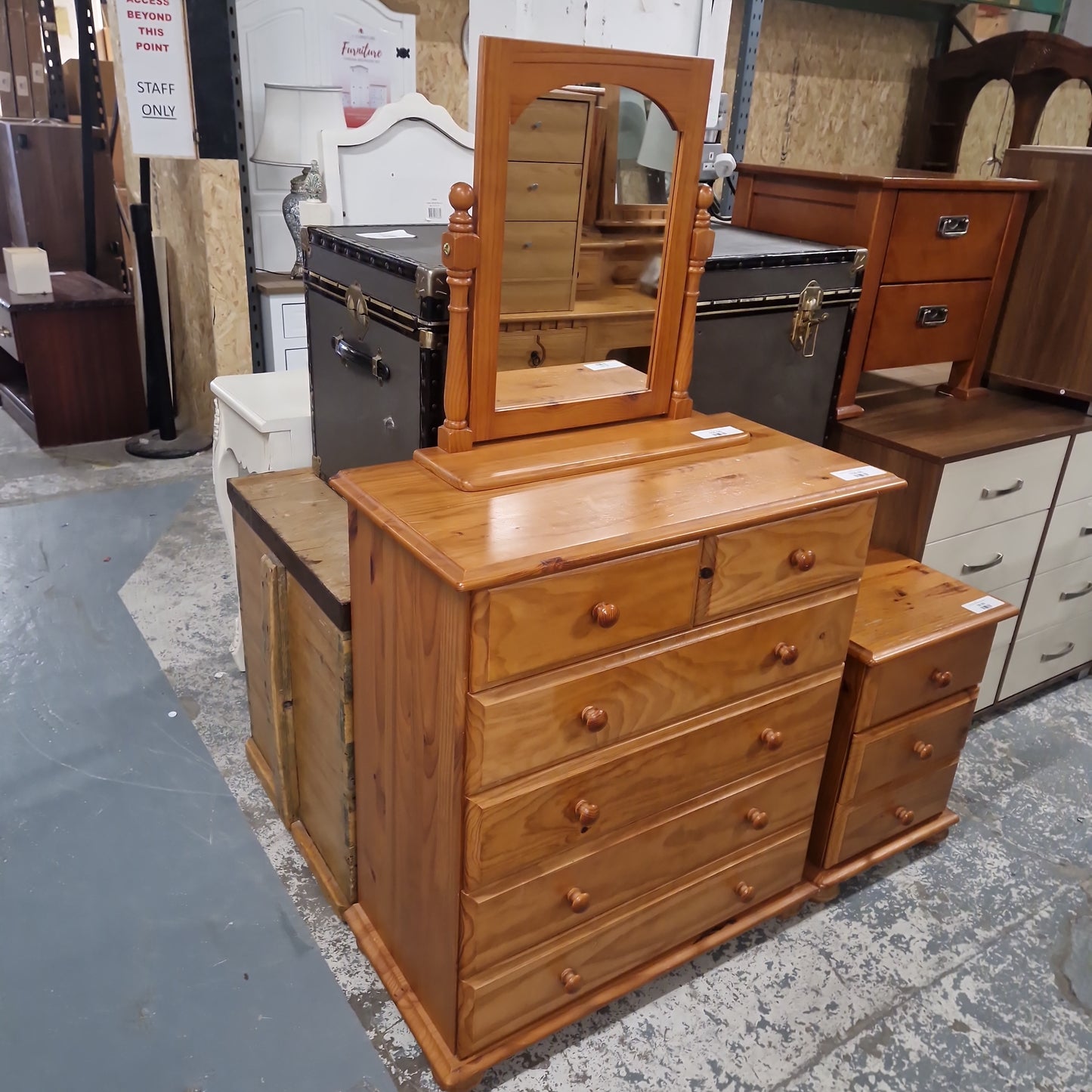 Tall solid pine chest of dwrs cw mirror  Q4123