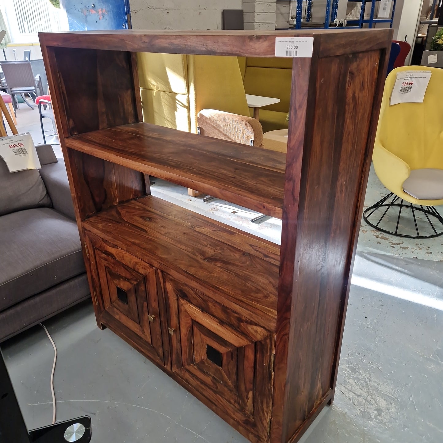 Large solid modern dark wood 2 door open shelf unit