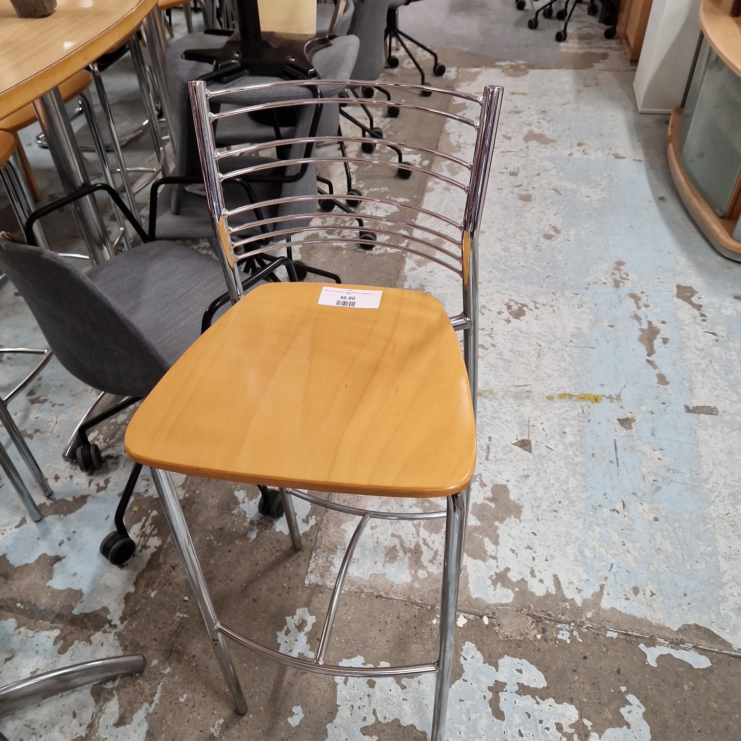 Tall chrome framed bar stools with back cw beech seat