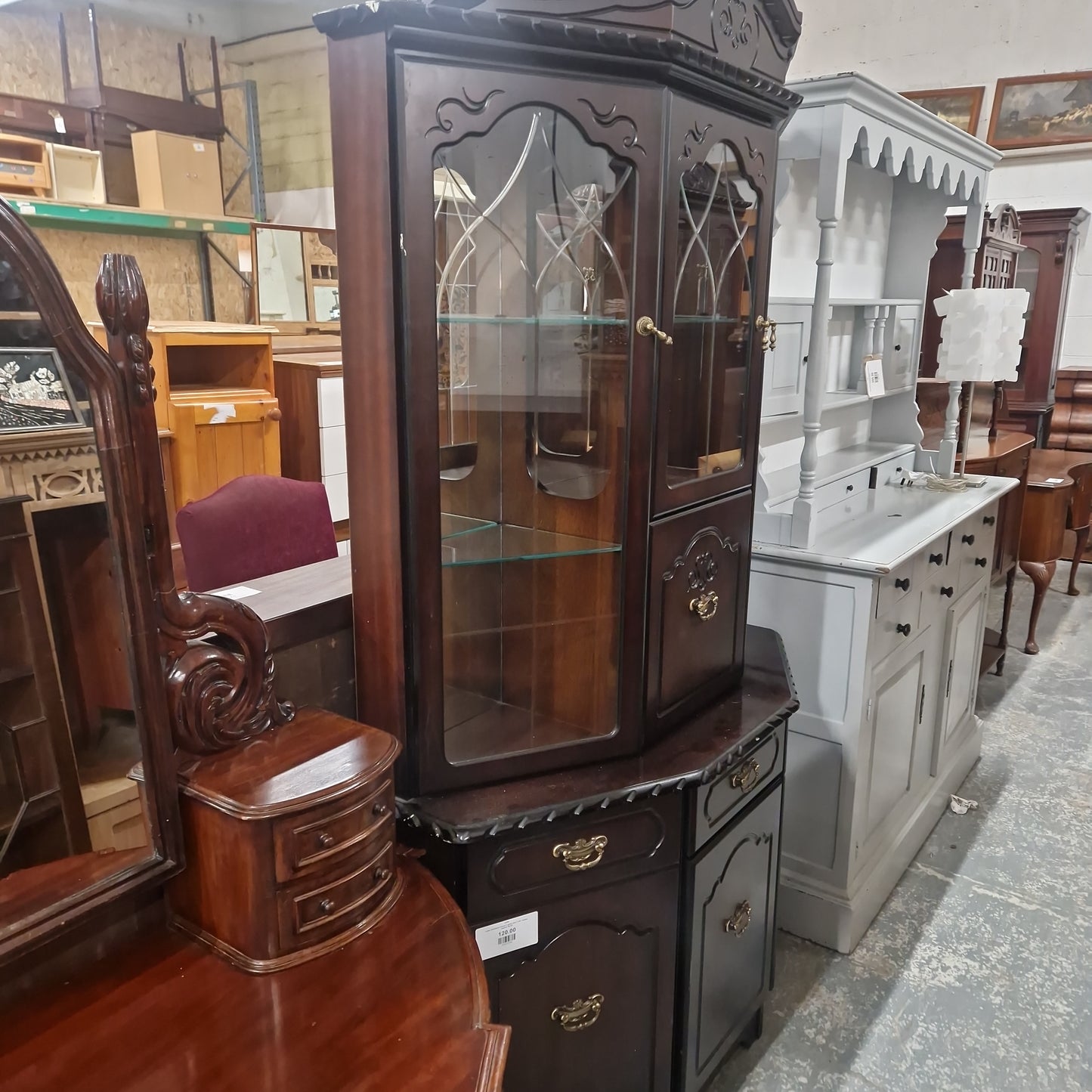 Large mahogany curved 3 glass door 7 dwr display cabinet Q4123