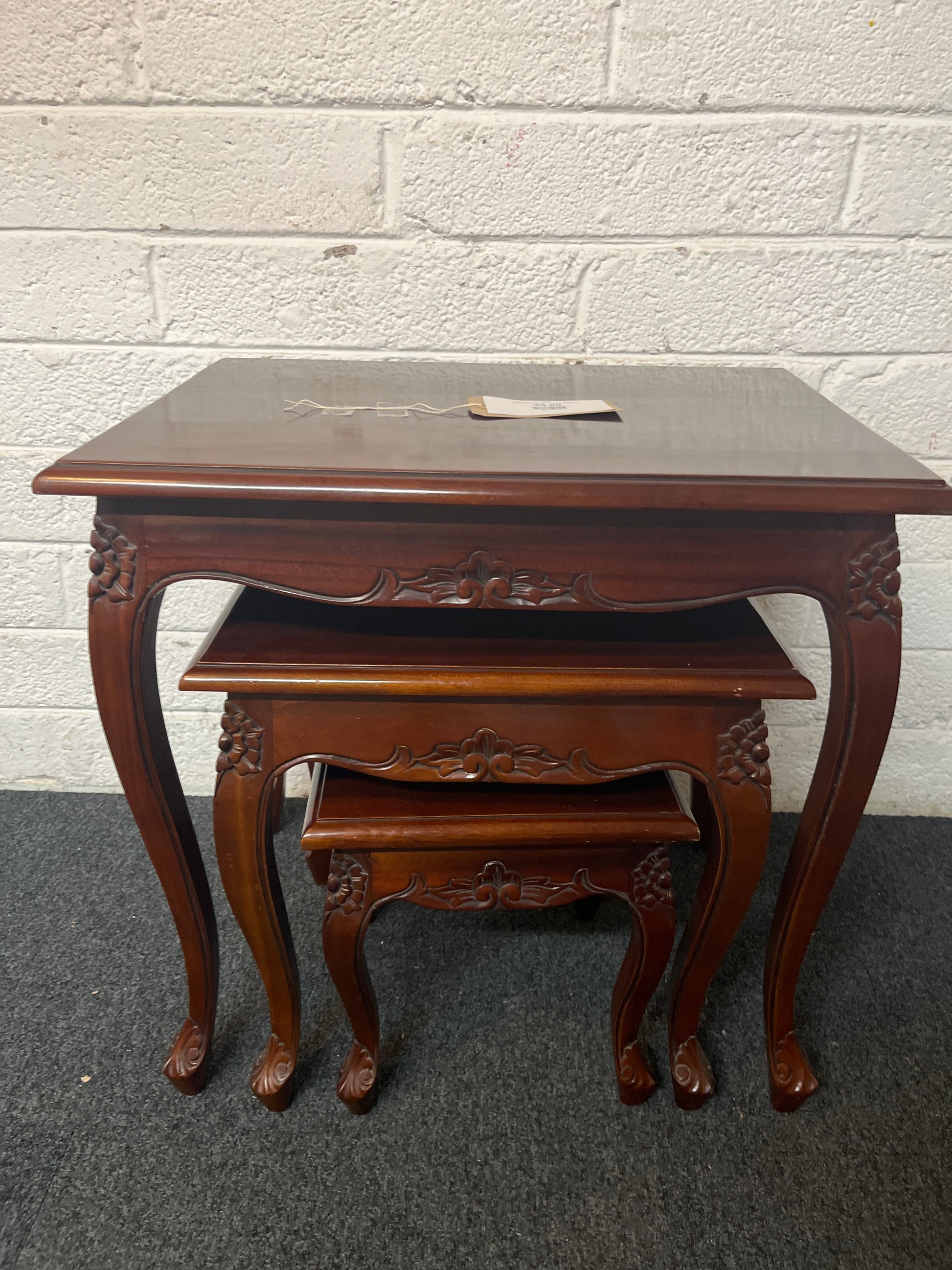 Ornate nest of 3 solid mahogany tables 3225