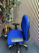 Jota high back ergonomic swivel chair with height adjustable arms and polished chome base in BLUE fabric. Price inc VAT