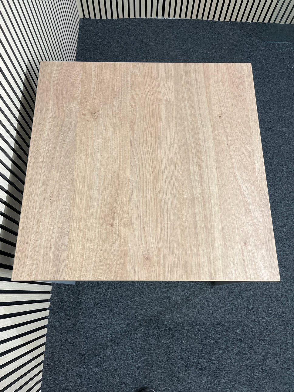 NEW light oak 25mm top 800x800 canteen table with silver metal framed legs. Price inc VAT