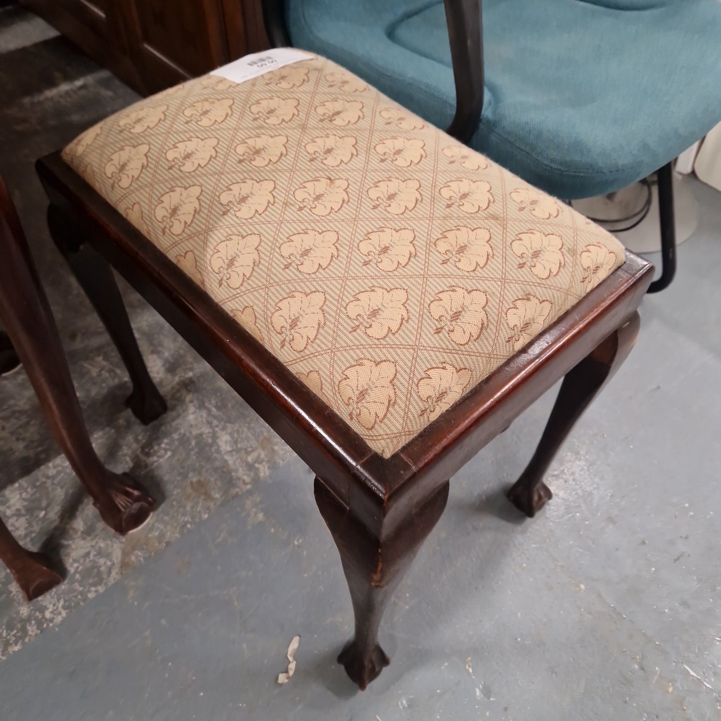 Mahogany framed low stool, yellow mix fabric top  Q4223