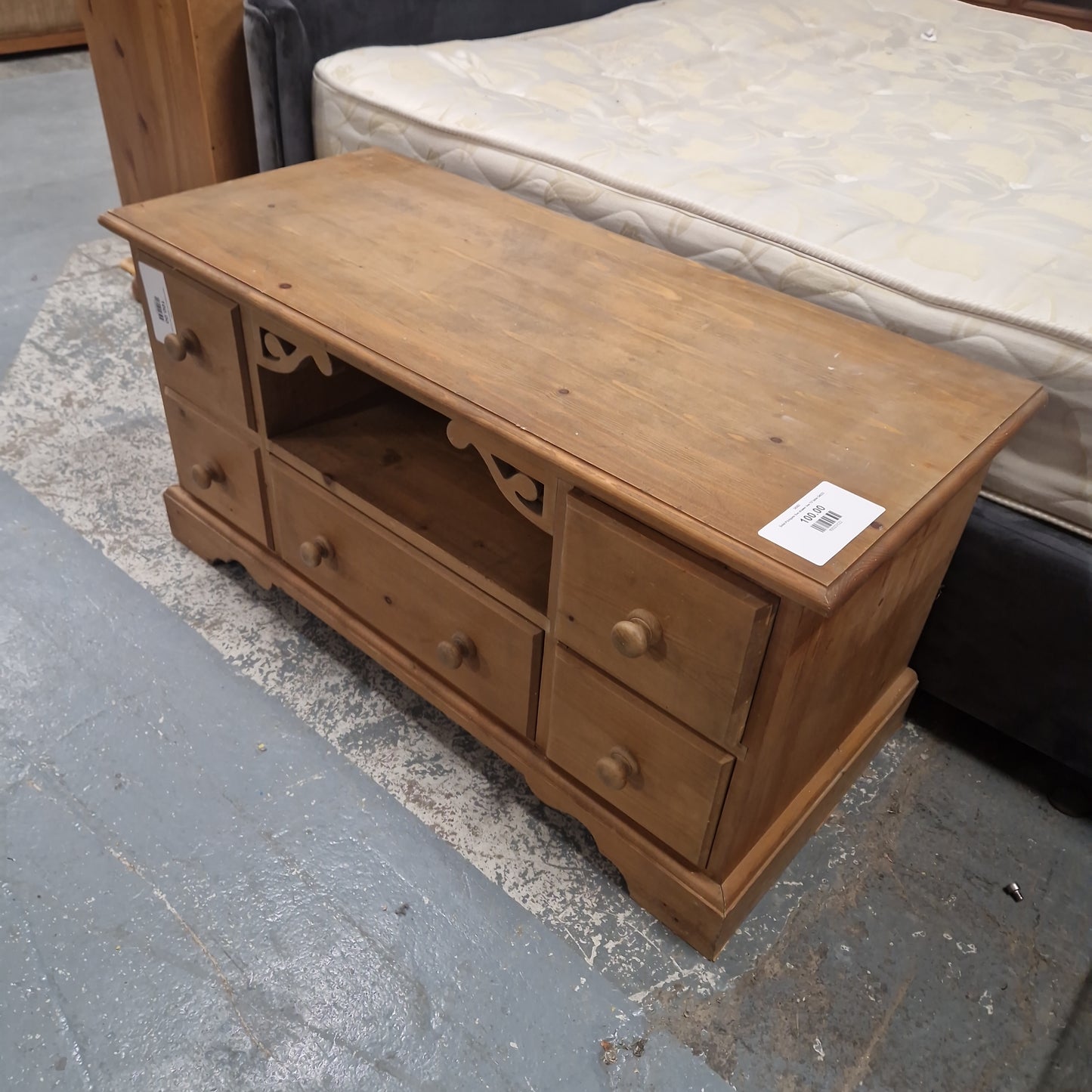 Solid Pitchpine five drawer low TV table