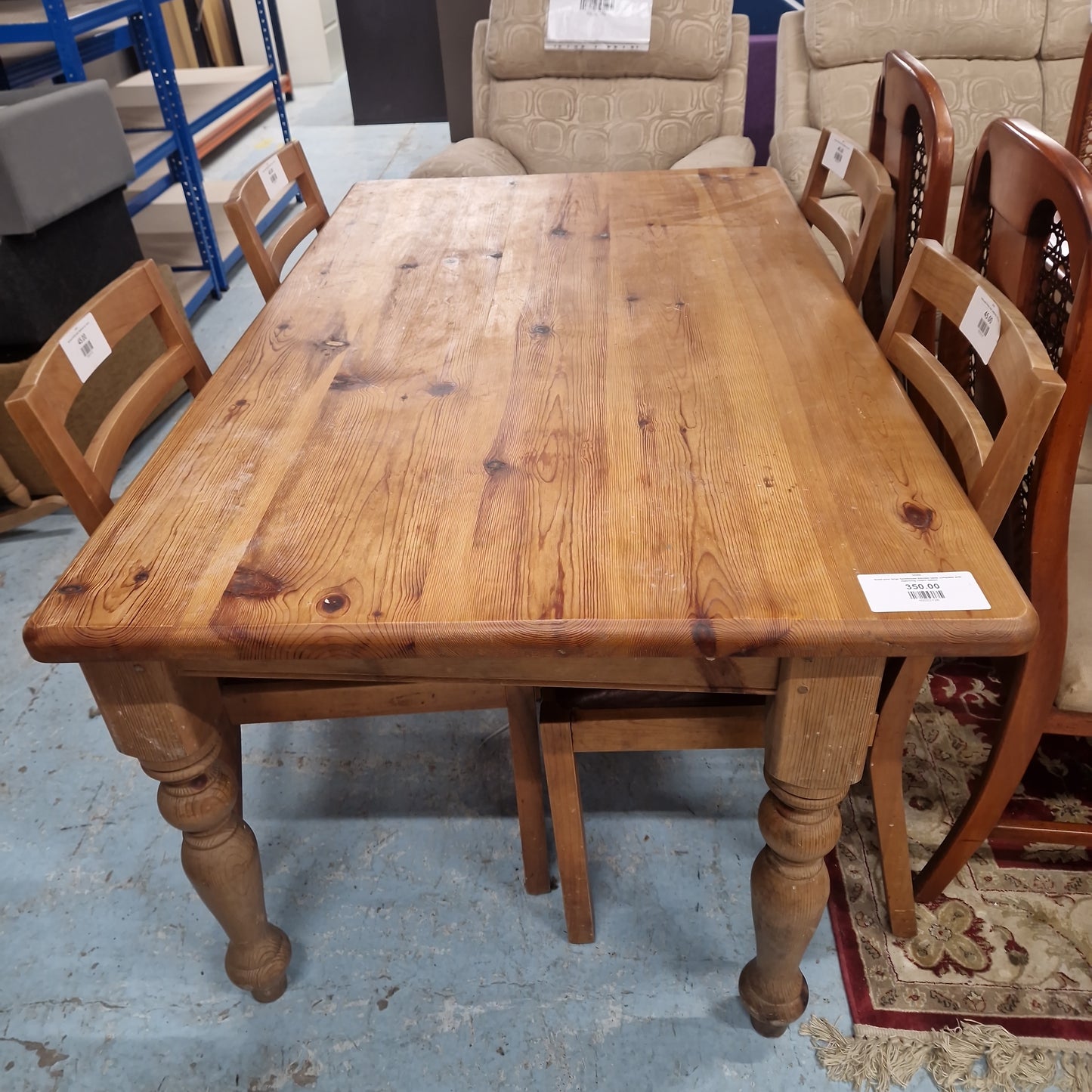 Solid pine large farmhouse kitchen table complete with matching chairs