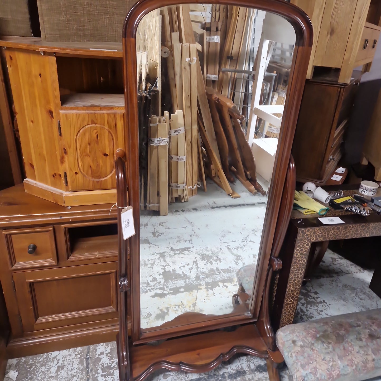Solid mahogany tall ornate cheval framed mirror