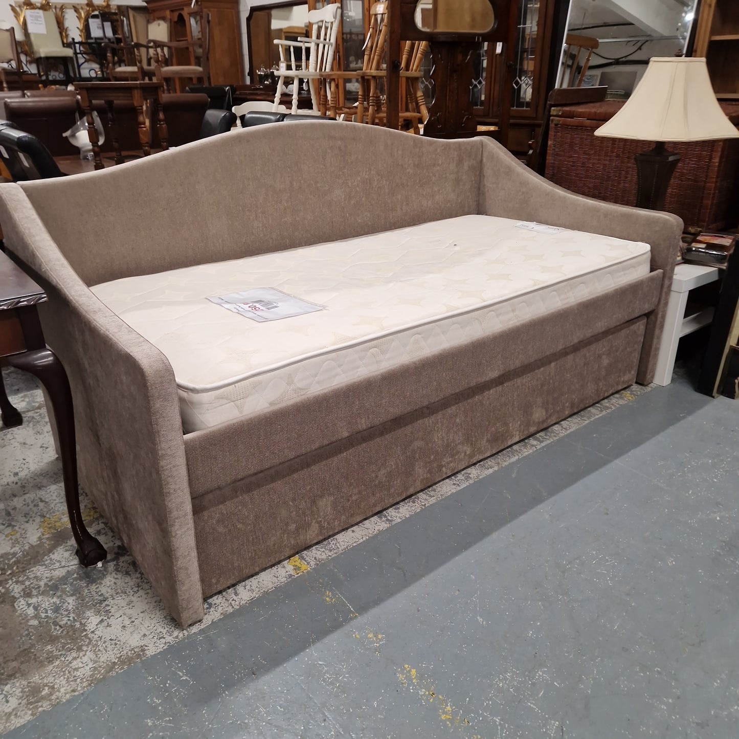 Light brown fabric seater sofa bed cw mattresses