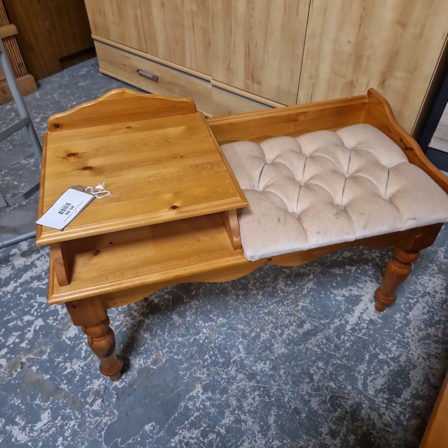 Oak telephone table w cusioned seat