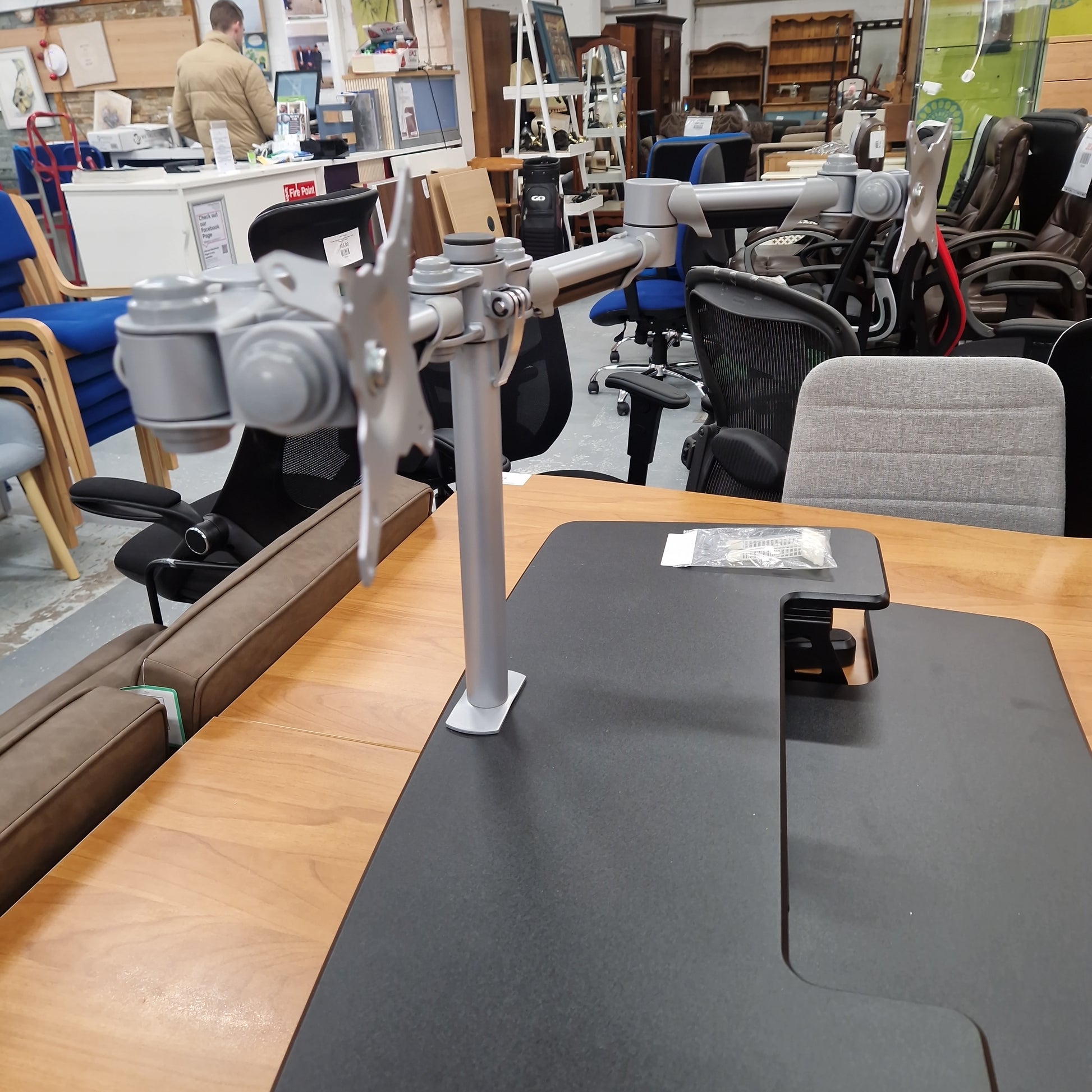 White powder coated desk mounted double monitor arms