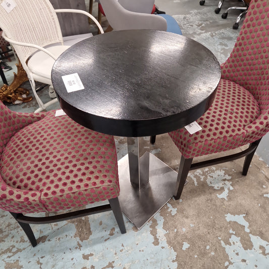 Solid dark wood stained CIRCULAR cafe table cw stainless steel central polished base 600 diameter 770mm high 1124