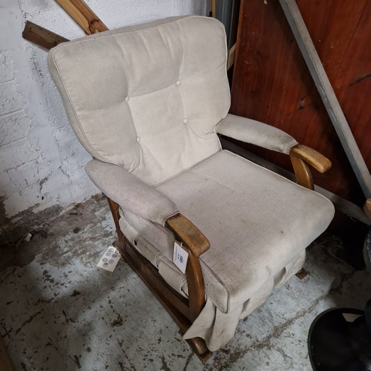 Cream fabric solid wood framed high back rocking chair. STEAM CLEANED WITHIN THE PRICE