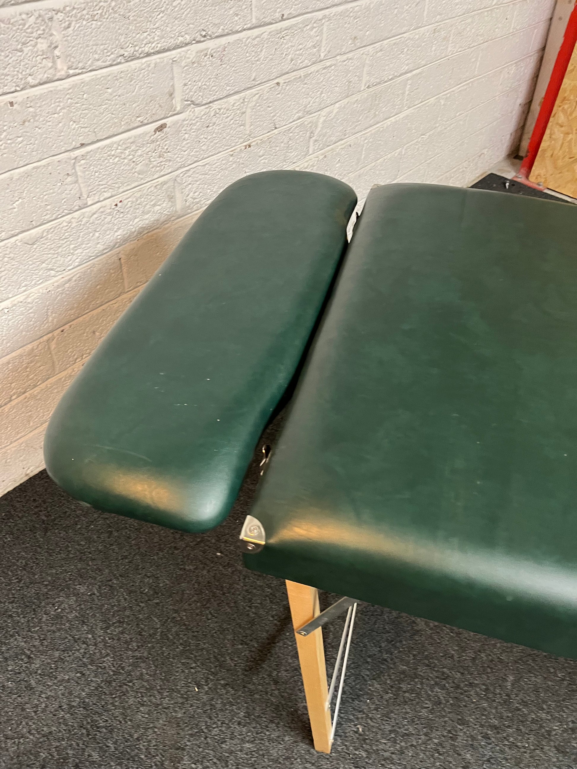 Metal and wood framed, folding Massage table in green PU leatherette with headrest  2225