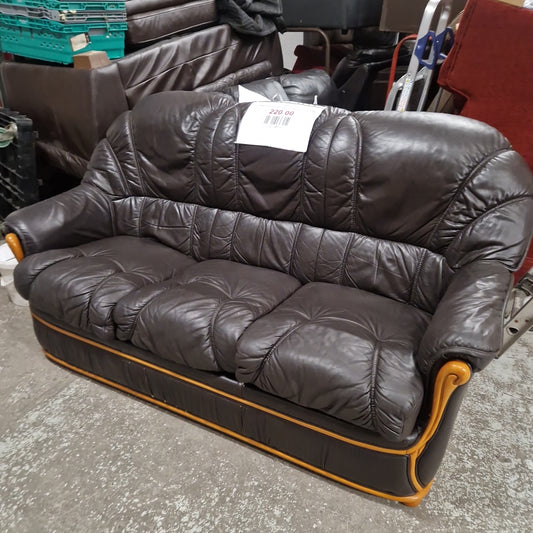3 seater black leather sofa with wooden frame 1224