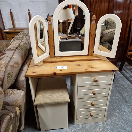 Solid pine and cream 4 drawer desk/dresser with mirror and matching footstool