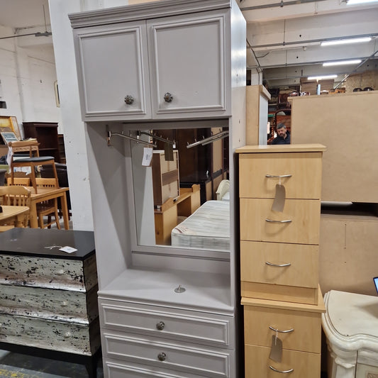 Grey Painted tall 2 door 3 drawer bedrooom dresser unit with mirror ad hanging rails  1224